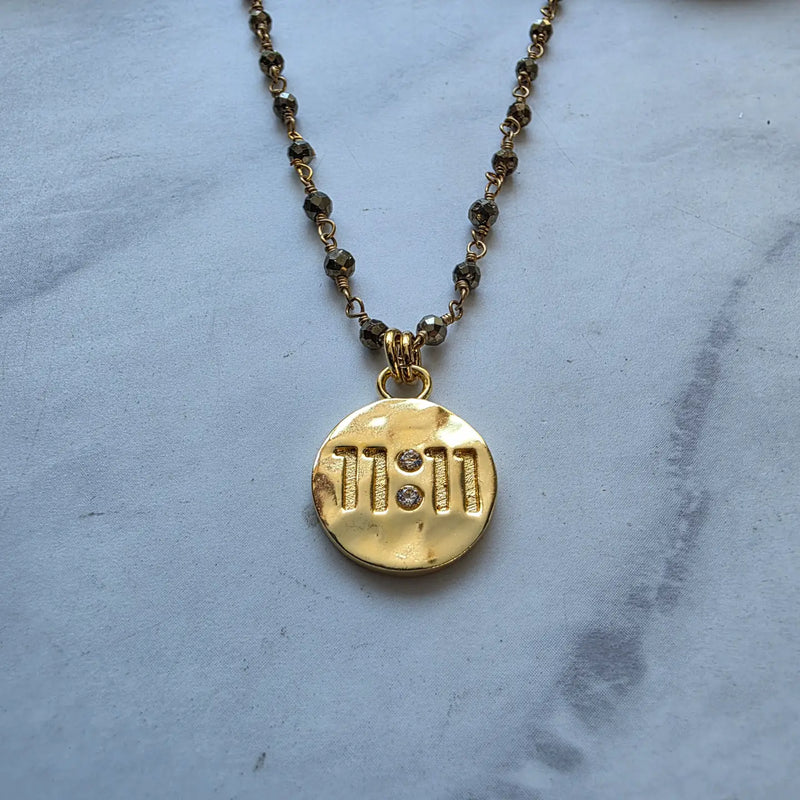 11:11 Gold Charm + Pyrite Necklace