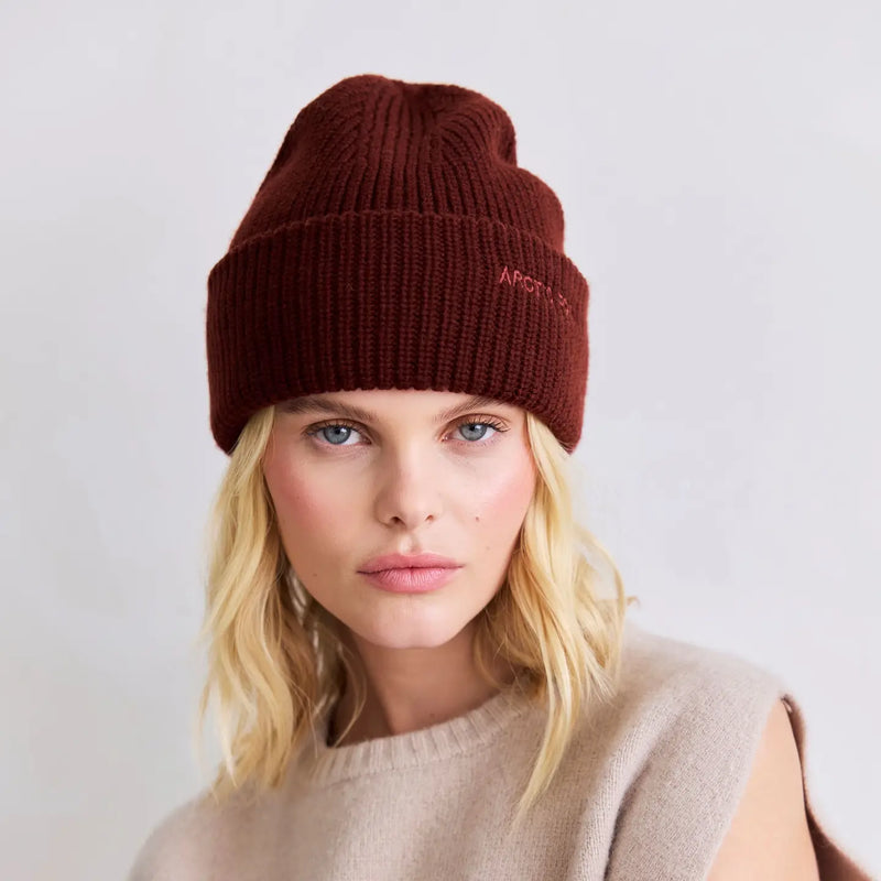 Merino Wool Embroidered Beanie - Dark Walnut Brown