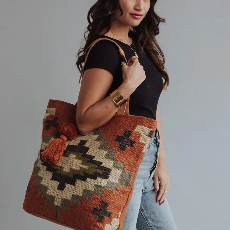 Orange, Cream, Navy & Green Aztec Tote