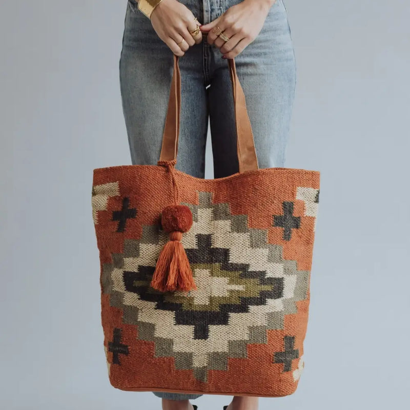 Orange, Cream, Navy & Green Aztec Tote