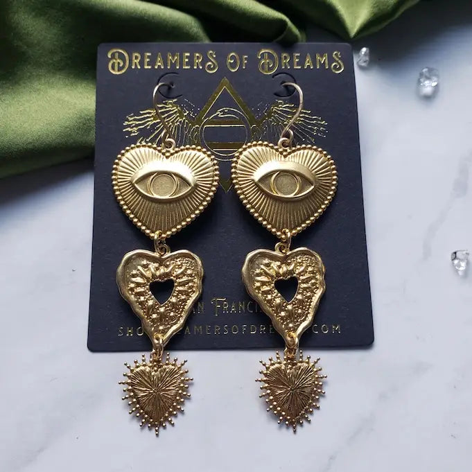 Gold Eye Heart Statement Earrings