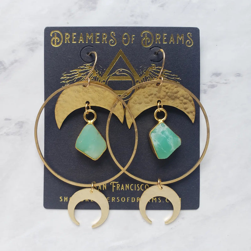 Chrysoprase Halo Moon Hoops