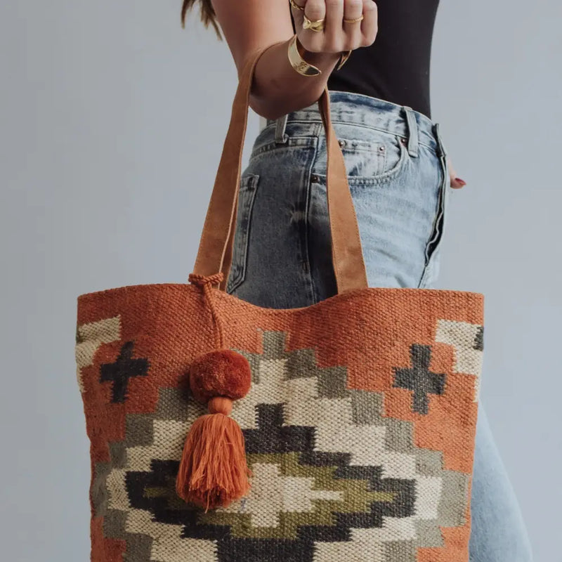 Orange, Cream, Navy & Green Aztec Tote