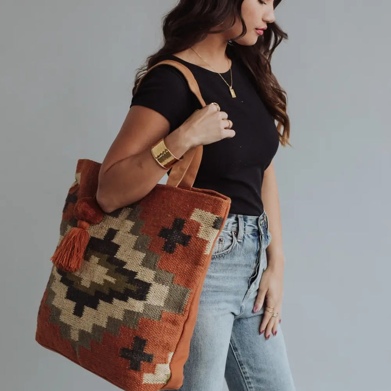 Orange, Cream, Navy & Green Aztec Tote