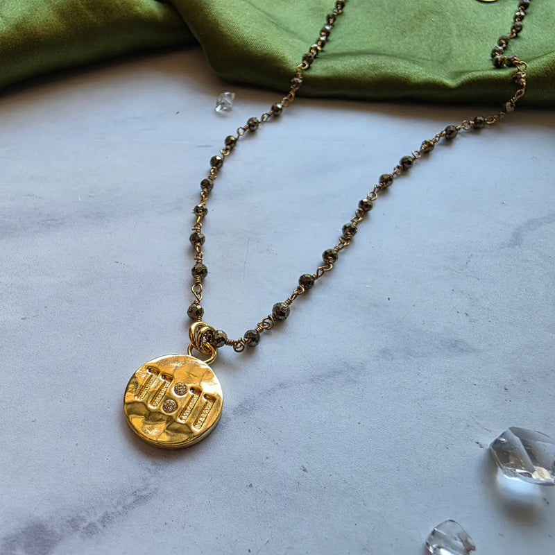 11:11 Gold Charm + Pyrite Necklace