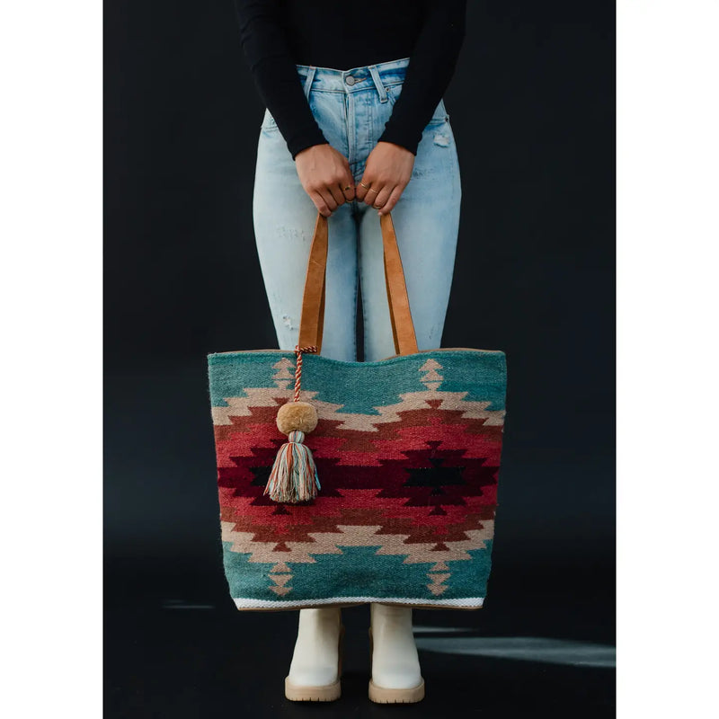 Teal, Burgundy & Tan Aztec Tote