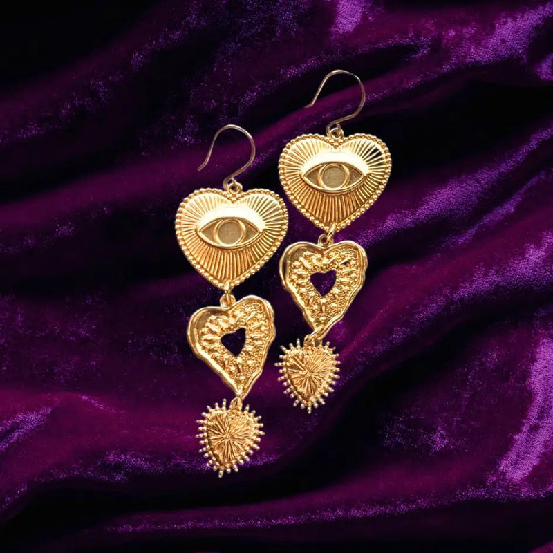 Gold Eye Heart Statement Earrings