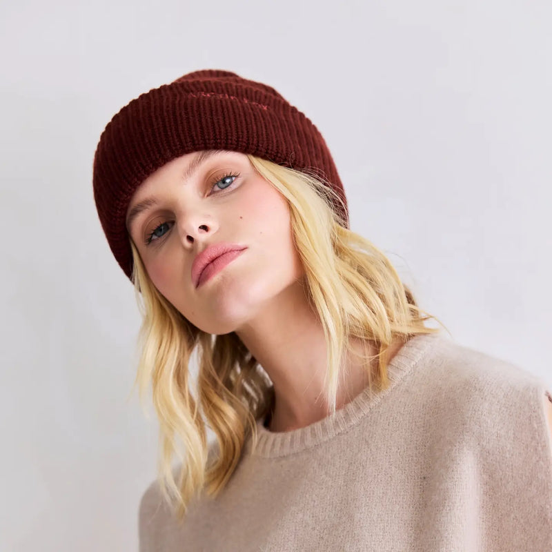 Merino Wool Embroidered Beanie - Dark Walnut Brown