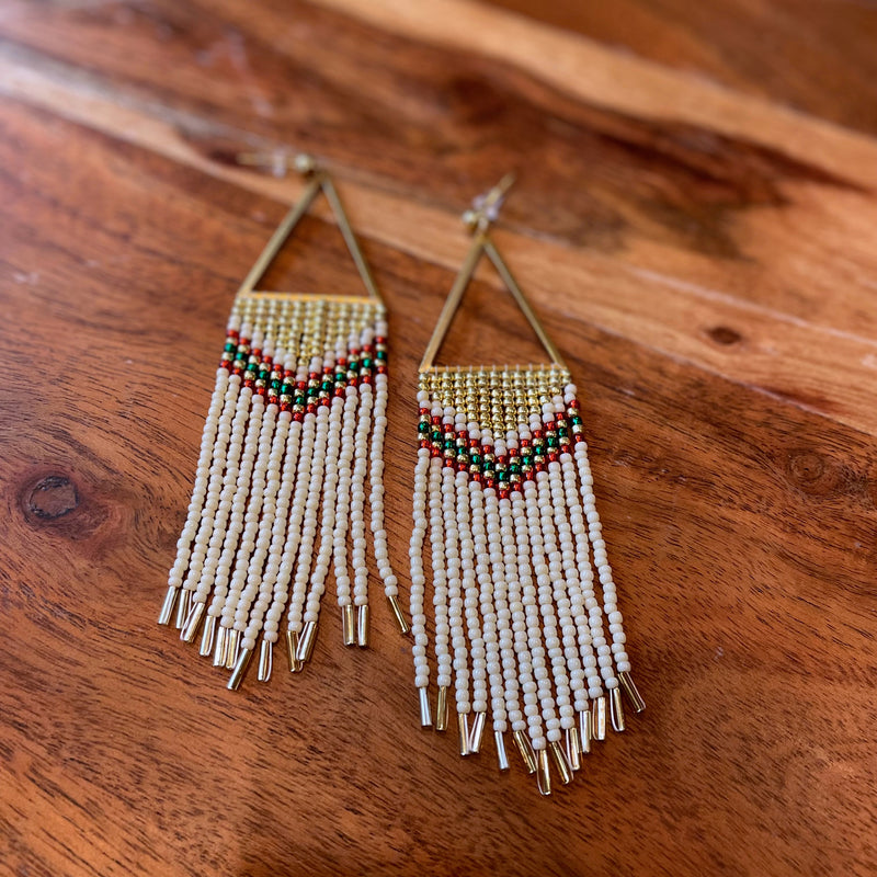 Triangle Beaded Earring in Gold + Red