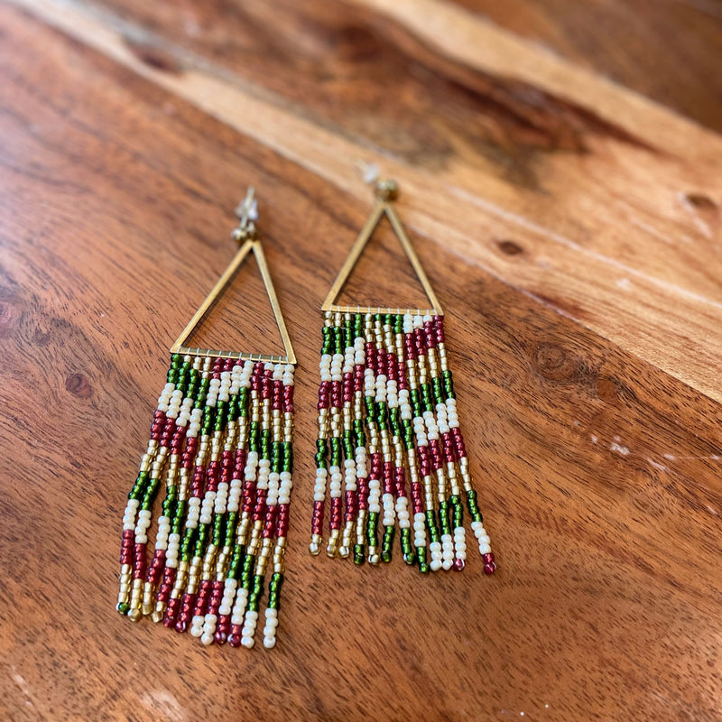 Triangle Beaded Earring in Gold, Green + Pink