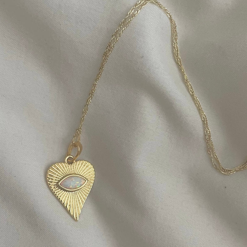 Ocean Heart Opal Necklace with Evil Eye