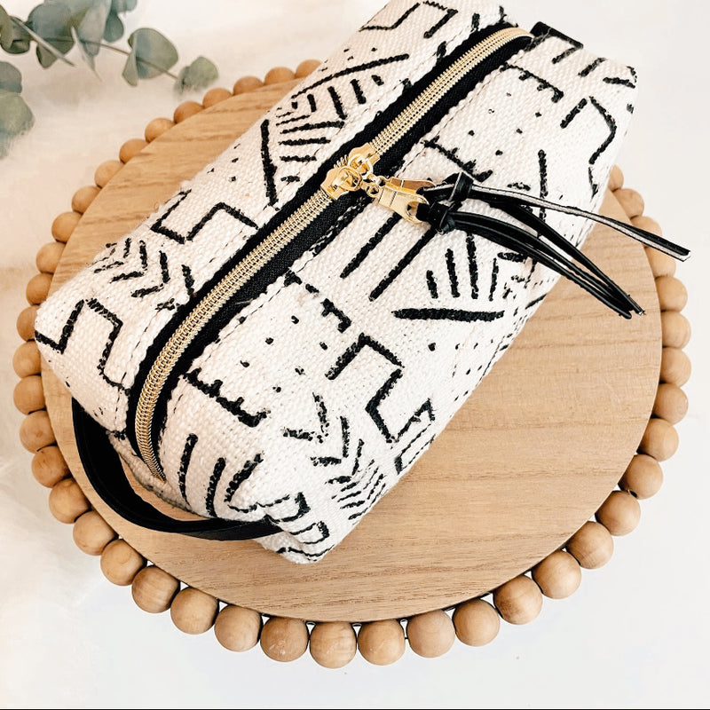 White and Black Mudcloth Makeup Bag
